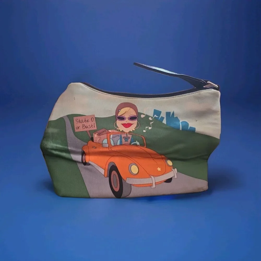 Whimsical Beaded Canvas Handbag - Retro Orange Car